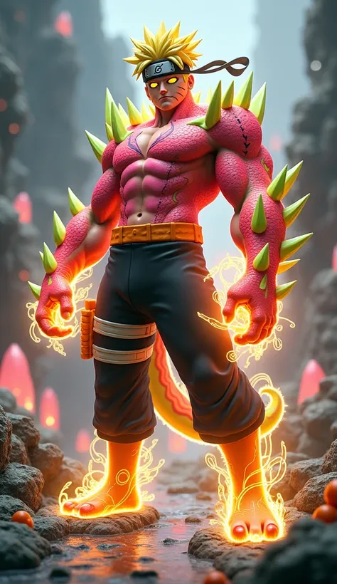 create 32k hybrid muscular, dangerous fusion of Naruto Uzumaki and Dragon Fruit, standing in a vibrant, untamable stance in a Crystal World. The hybrid combines Naruto’s spiky blonde hair, iconic orange-and-black outfit, and chakra mastery with Dragon Frui...