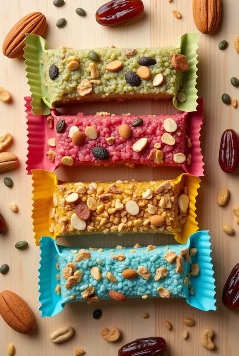 4 different colors of granola bar closed in packaging of  light olive-green color, raspberry red color, light turquoise blue color and dark mustard color arranged individually on light brown wooden background with nuts like almonds, flex seed, peanuts, sun...