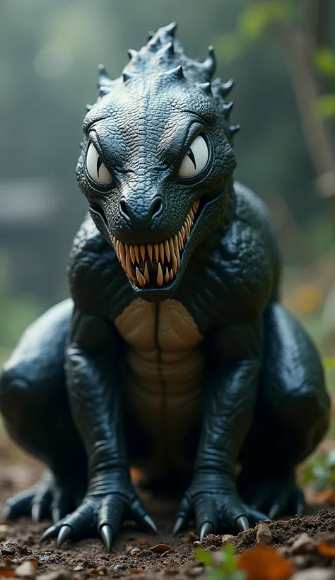 Venom and Parasaurolophus hybrid, a perfect Hybrid Of Venom And Parasaurolophus, Venoms Big White Eyes, Parasaurolophus Body Texture, Sitting, Realistic, Cinematic, Highly Detailed, Dramatic 