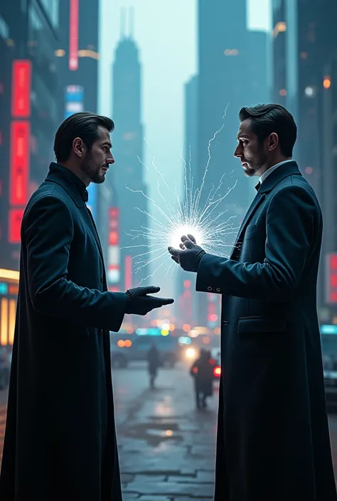 Ultra realistic "Set against a futuristic cityscape with towering skyscrapers in the background. The scene Two magicians stand face-to-face in the foreground (highest quality characters) one holding a glowing futuristic magic wand, and the other showcasing...