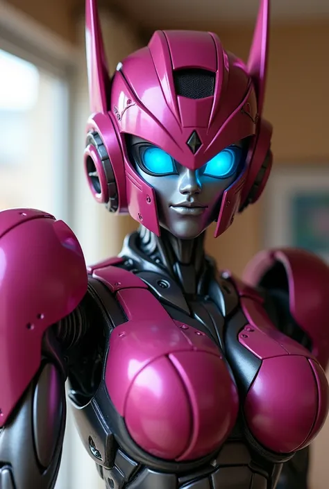  Very sexy Arcee  the  autobot transformer  robot in the family room. Looking at and standing up super close to the camera like a close selfie  
Female Arcee  the transformer metallic robot face
Dark metallic pink very  muscular arcee autobot body 
cute sm...