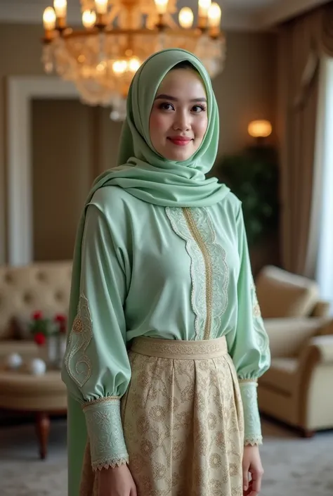 A beautiful Indonesian woman. wearing a luxurious light green hijab, wearing a light green embroidered kebaya. light brown batik skirt, a small luxury bag in her hand. standing in a luxurious living room with a luxurious chandelier. ultra HD, bright lighti...