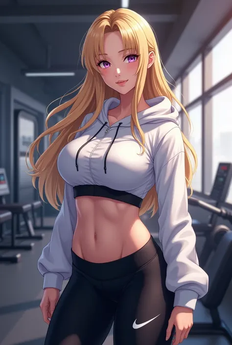 beautiful anime woman, purple seductive eyes, mature face of a 30 years old woman, long blonde untied hair, curved muscular body, long muscular legs, black nike leggings, white sneakers, cropped white hoodie, half revealed under breasts, tall, in a gym