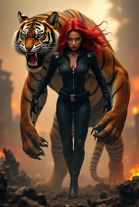 "A hybrid creature combining the dangerous traits of a tiger and the iconic Black Widow (Natasha Romanoff). The entity has the muscular body of a tiger with sharp claws and tiger stripes but with humanoid features like Natashas red hair, piercing eyes, and...