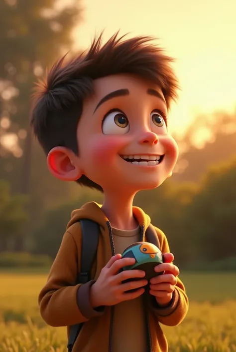 Create a Disney Pixar style close-up shot of the young boy smiling contently, holding his repaired toy in his hands, looking up at the sky. The setting is an outdoor garden. The boy is placed slightly off-center, gazing thoughtfully. The point of view is a...