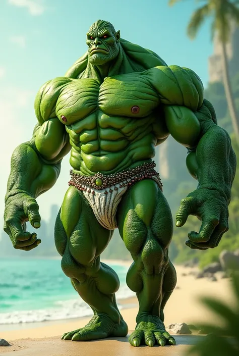 Create an attractive muscular green monster with a short swimsuit 