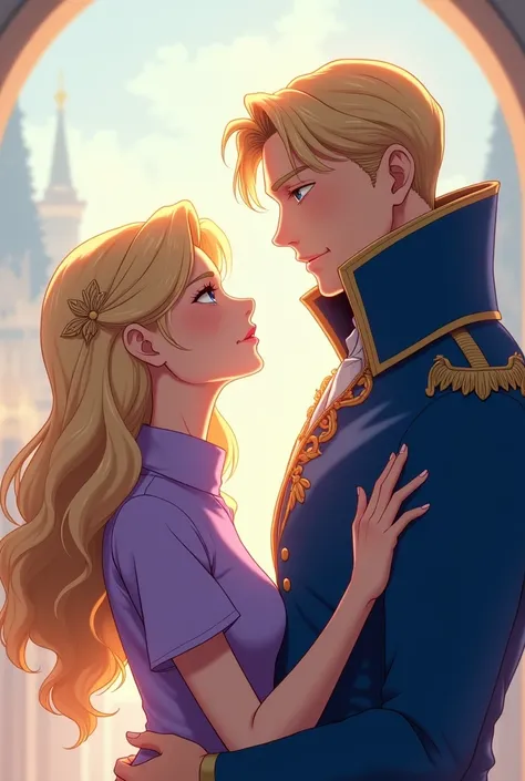 Anime Beautiful Blonde Mother wearing a Purple Polo with her Husband King hes wearing a Blue Massive Popped Collar Polo with a collar so high its taller than his head