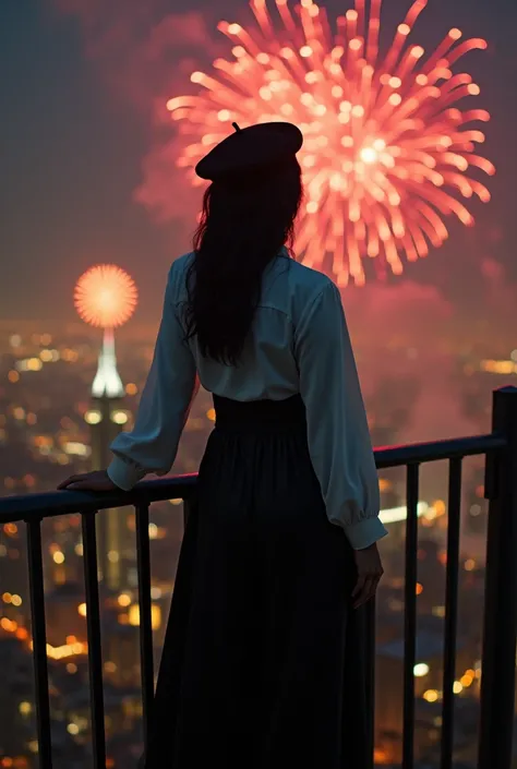 a beautiful native indonesian woman with big busty big boobs wearing a white shirt with bulging sleeves wearing a black hijab and a beret hat stands on the edge of the fence in the aifel tower there are fireworks 