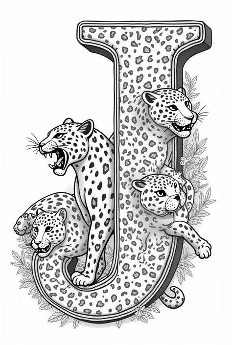 coloring page, A large "J" on a white background surrounded by jumping jaguars, everything must be black and white