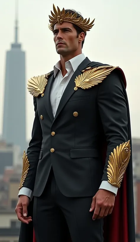 A suave, stylish superhero in a sleek suit with Roman gladiator elements and a golden laurel crown.