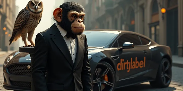 A monkey in an expensive black suit is standing near an expensive car with the word DIRTYLABEL on the car there is an owl 