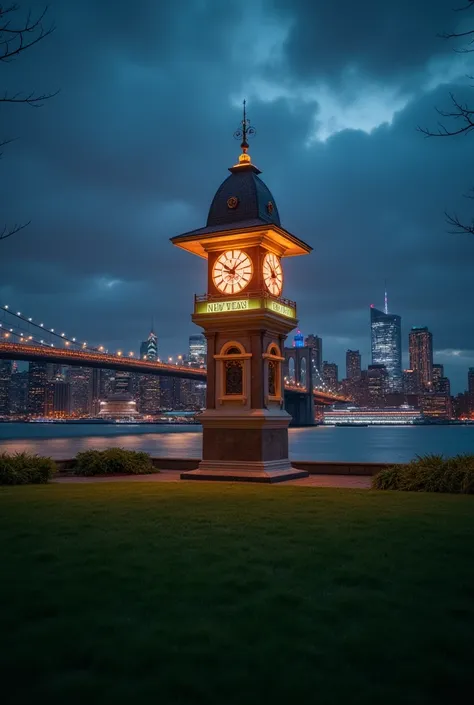 This image shows a watch tower decorated at night, showing its 12 am for new year 2025, situated near a waterfront. The surrounding area has a grassy lawn in the foreground. The background includes a cityscape with bright lights and a bridge, adding to the...