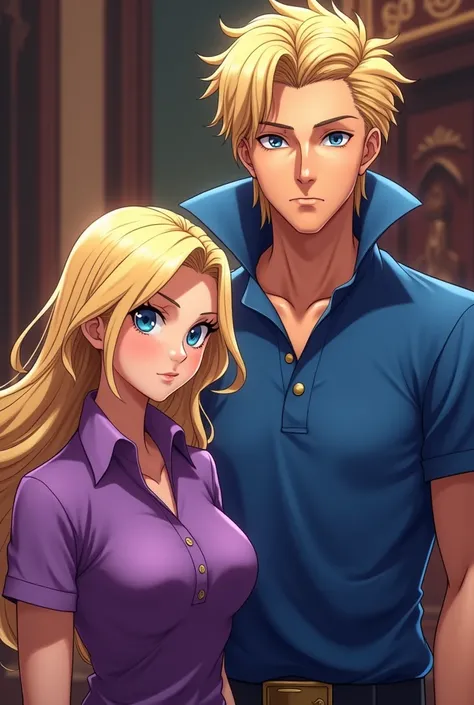 Anime Beautiful Blonde Queen Mother wearing a Purple Polo with her Husband King hes wearing a Blue Massive Popped Collar Polo with a collar so high its taller than his head