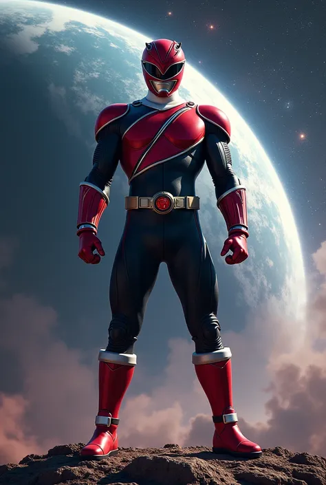 Red and black mix power Ranger with universe background earth background one side.