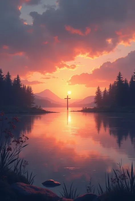  A tranquil view of a lake at dusk ,  reflecting the sky in shades of orange and gold, with a cross on the horizon ."