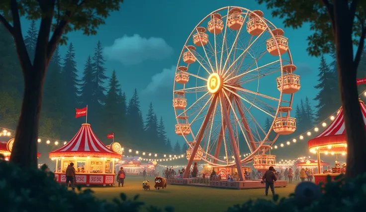 Let there be an illuminated fair in the forest. Let it be a Ferris wheel. Let the little bear sit inside the Ferris wheel.