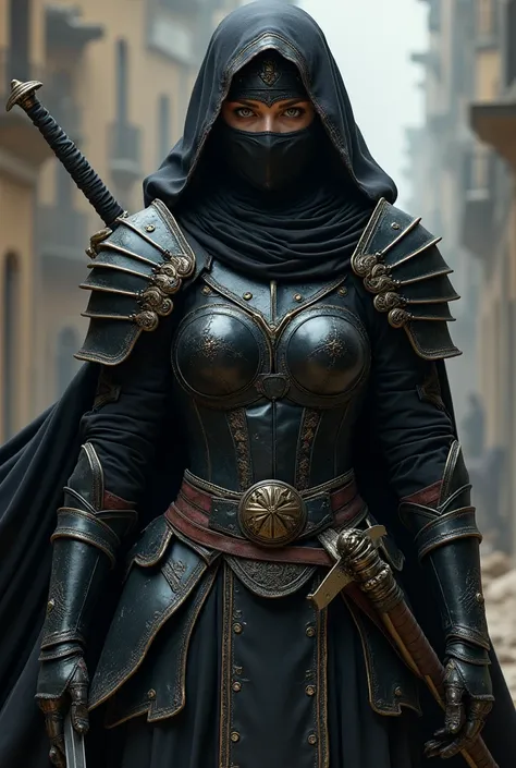  Woman in all mat black armor , plates  , sword,  big breasts, white eyes, Headband , hood, mask/sale/face mask,  Precise,  Awarded multiple times ,  The best quality , Damaged, Detail, 