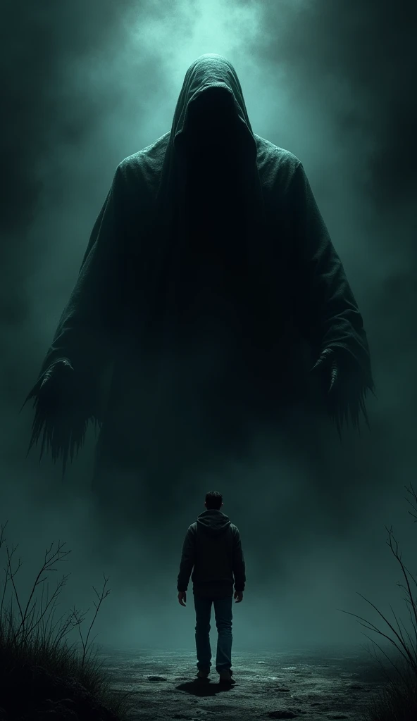 The shadowy figure approaching the man, who looks terrified as he stands frozen, the figure’s menacing presence growing larger