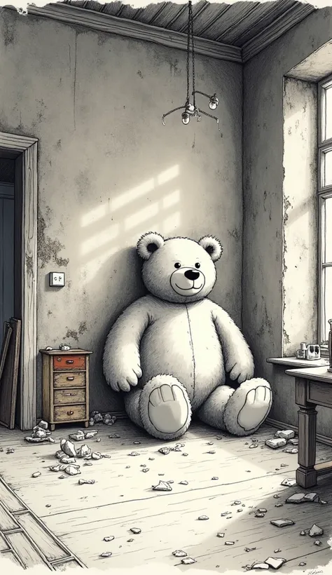 、 Mizuki Shigeru Kaze 、Pen drawing、Precision、delicate、 Calm Colors、Ruined Room 、 Fantastic、Vertical composition、Fine shading、 hand drawn style 、Pen drawing、Pointillism、Black and white painting 、Gallo comics、There is a giant stuffed bear in the middle of th...