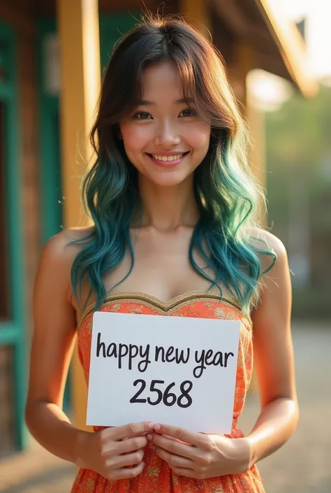  beautiful and sexy Japanese girl , Standing Pose, Honey skin ,  wave-scattering hair ,   pink gold  ,  blue and green hair ,  Wear Thai Dress, Small breasts,  happy face color , Cute smile,  holding a sign that says  " happy new year " And then  "2568"  i...