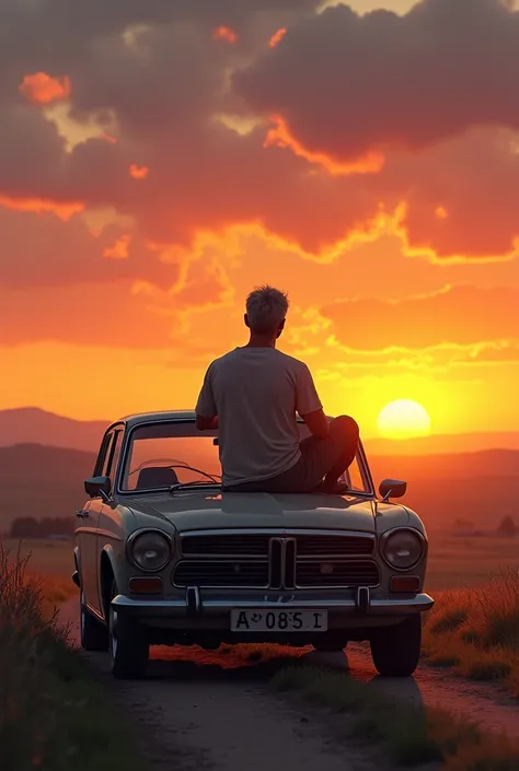 A man sitting on his car watching the sunset