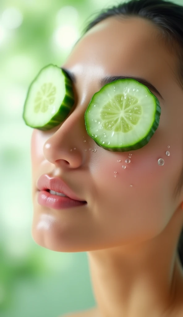 A close-up of the same face with chilled cucumber slices placed over the eyes. The cucumbers are fresh and vibrant green, with light condensation visible on their surface. The lighting is brighter, with soft green and white hues in the background symbolizi...