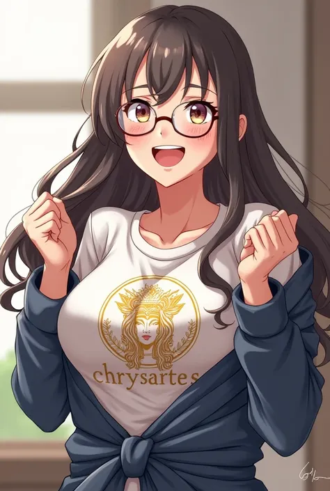  doll, Looking approximately 45 years old ,  woman with long hair, glasses,  ray jacket tied at the waist,  a white blouse written with chrysartes with the image of a Godê, smiling and anime-style  