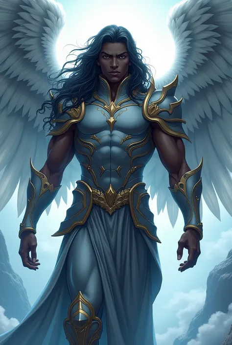 An angel man with black skin and long curly hair. It has long white wings , He wears full armor that covers his entire body,  in anime style