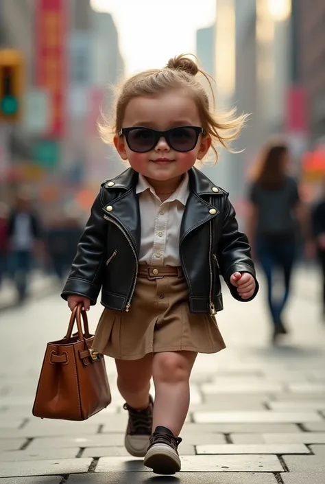 A real-life chubby female baby, wearing a Smart casual Leather jacket and blouand inside,Skirt ,sunglasses, carried a brikin bag walked confidently on the street 