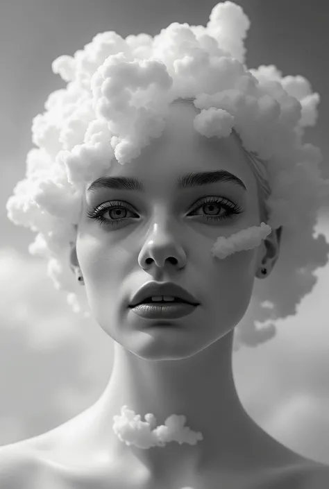 i want a picture of clouds that form the shape of a womans face. the woman should be facing the camera straight on. I want the picture in black and white 