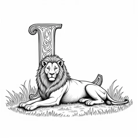 coloring page, A big "L" on a white background surrounded by a lion lounging in the grass under the sun.