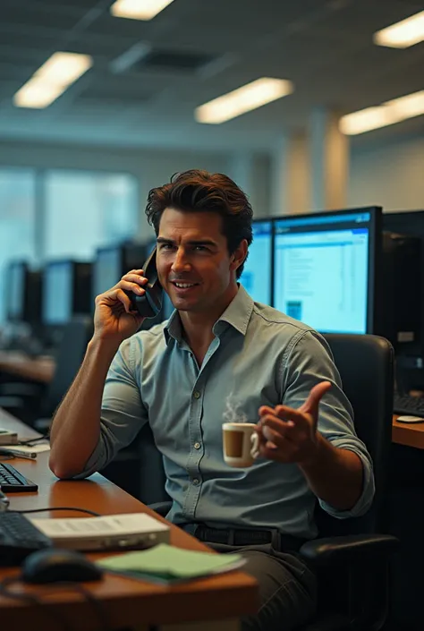 Tom Cruise as a tech support drinking coffee 