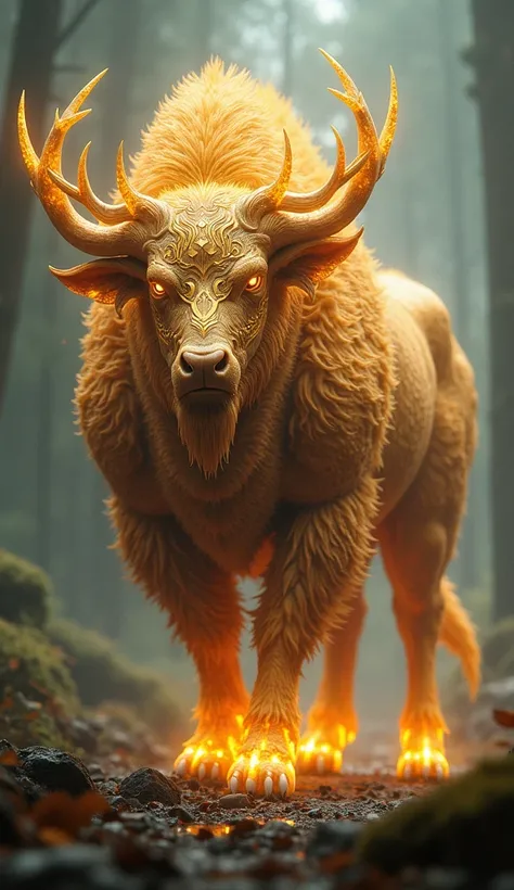 create 32k a massive, terrifying, and graceful hybrid fusion of a golden bison and a deer, evolved into a mutant of unrivaled power. This creature’s body is covered in thick, shimmering golden fur, marked by intricate, glowing patterns that resemble ancien...