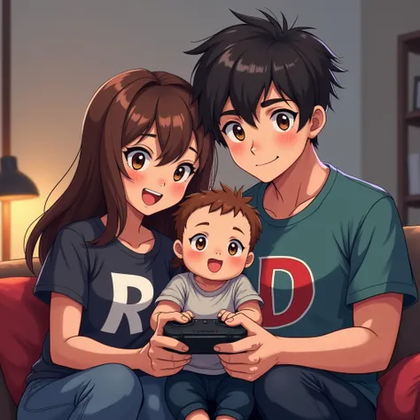 a gamer family with anime themed, the mom has long brown hair with bangs wearing a t-shirt with R text on it, the dad wearing a t-shirt with D text on it and 3 month old baby boy wearing t-shirt with K text on it.