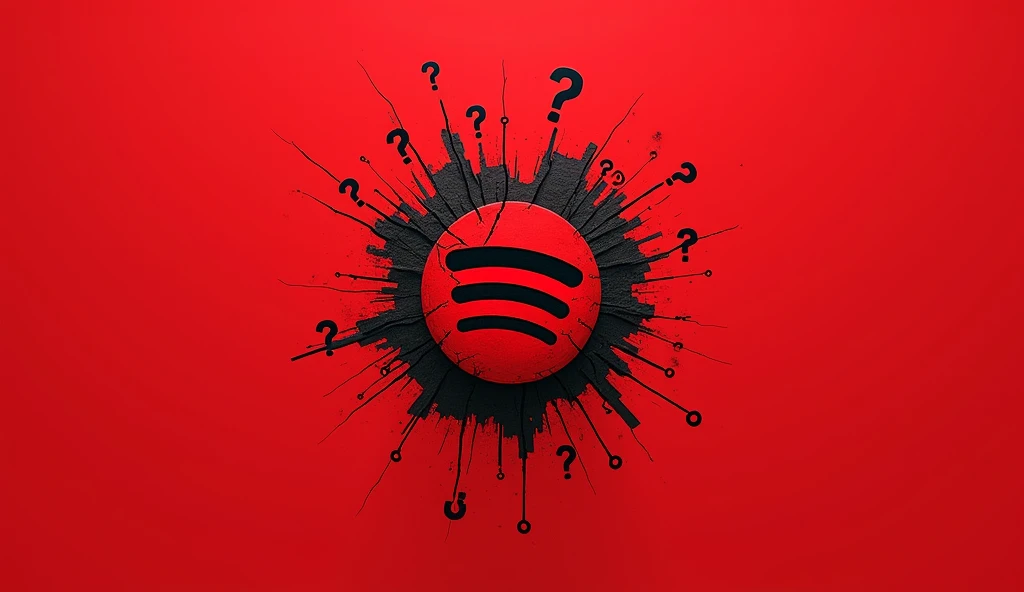 A minimalistic preview in aggressive red with the inscription SPOTIFY WRAPPED 2024, the preview shows: A photo of a huge number of different genres of music, a Spotify icon with cracks, and a question marks