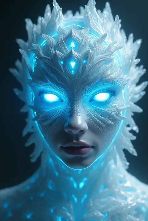 a detailed white mask with ice features, bright blue eyes, intricate details, delicate textures, ethereal, magical, fantasy, highly detailed, 8k, photorealistic, dramatic lighting, chiaroscuro, cinematic