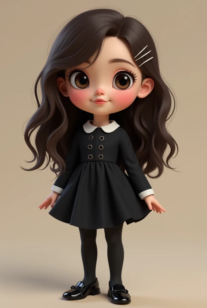 Karakalpak girl with
Heart face shape 
-Beige/olive skin tone
dark brown hair color
-30-40 cm hair length
-wavy hair with straight end
- claw-clips accessory 
-Darkkkk brown eye color
-almond 
cloth: full black short bouffant dress, black tights, black hee...