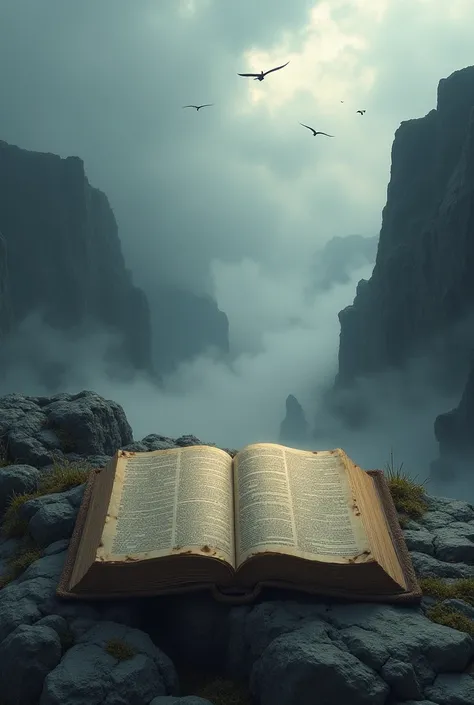 a bible book in a middle of a gray clif with some birds serounding it, there are winds, and gray clouds. a sad vibe.