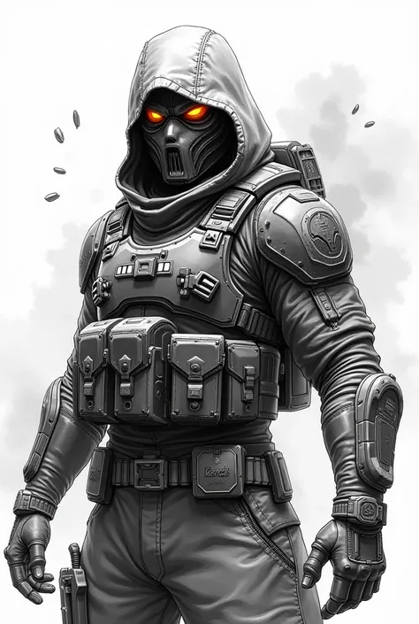 "A fierce and tactical Call of Duty Mobile character, drawn in a striking black-and-white style. The character is wearing advanced military gear with intricate details like a tactical vest, utility belt, and cyberpunk-inspired armor plates. Their face is p...