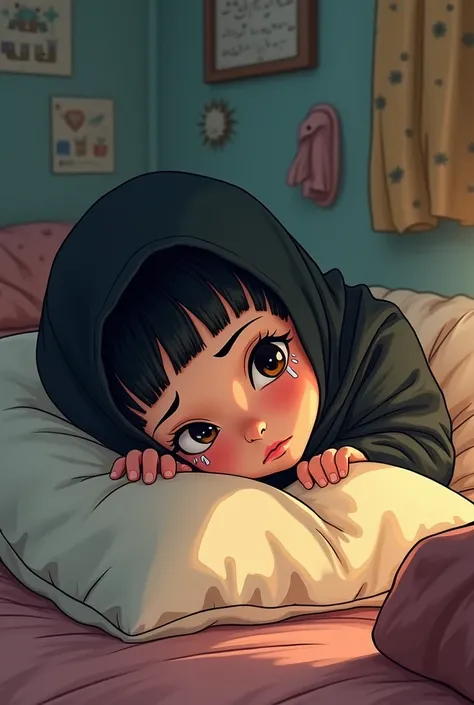 A girl is crying and her head is on pillow wearing black hijab and she is thinking about kkarbala the background is girls room i want this image in cartoon type image