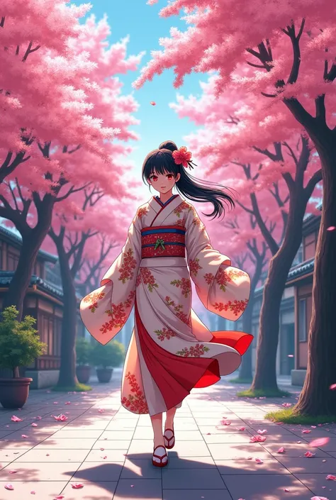 Several manga-style scenes, a beautiful Japanese woman in a kimono walking down the street full of beautiful trees full of sakura flowers