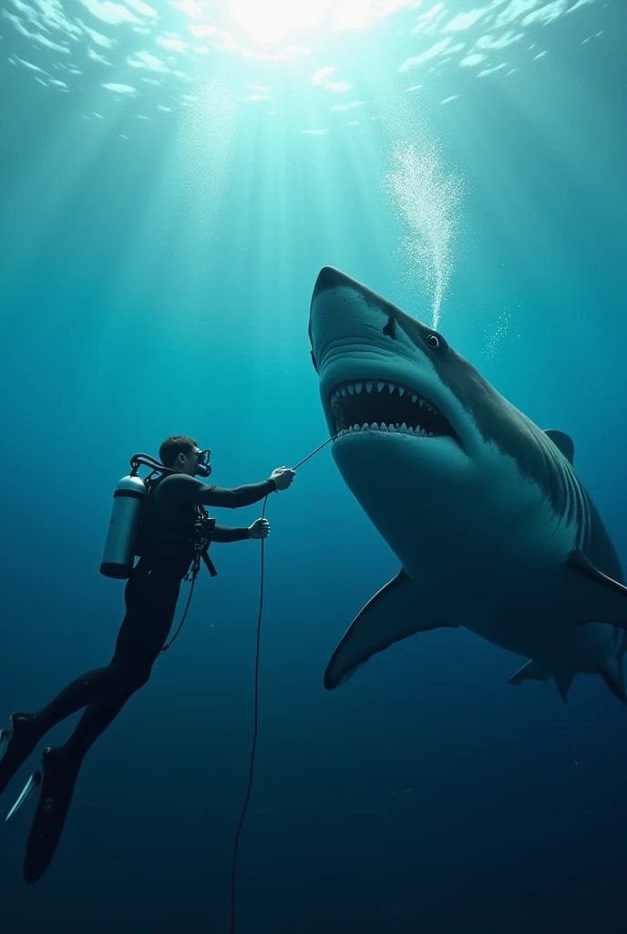 Generate a video in which a man removing fish hook from the mouth of white shark in deep sea