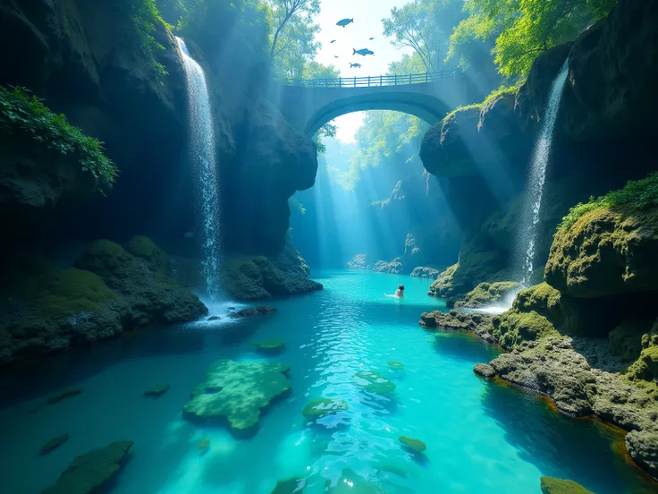 Aquarium landscaping, Two long, ultra-clear waterfalls and their colorful habitats, Super-clear sandy beach ,  and a river landscape bridge in the shape of a love，The photo quality is very high,  high resolution
