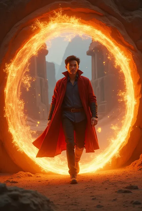 **"A person emerging from a mystical circular portal in the style of Doctor Strange. The portal has edges of glowing orange energy, emitting magical sparks and intense light. The surrounding scenery is an eerie environment, like a desert at dusk or an anci...