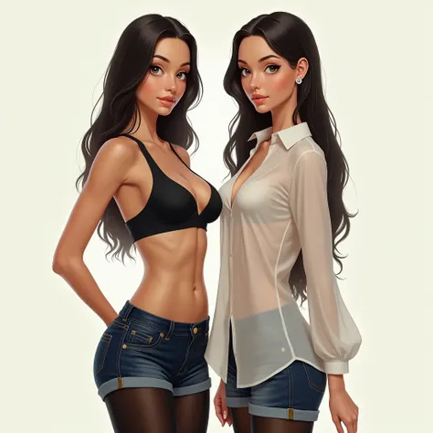 two sisters aged 20 and 18, very, very thin, very muscular body, dressed in short denim shorts, black pantyhose and an elegant blouse