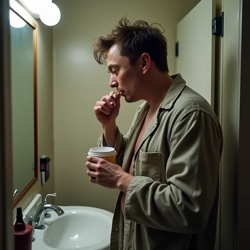 ((Eron Musk ))in his shabby pajamas, head shaggy, brushing his teeth, coffee in hand, doing his business in the bathroom on a Monday morning.