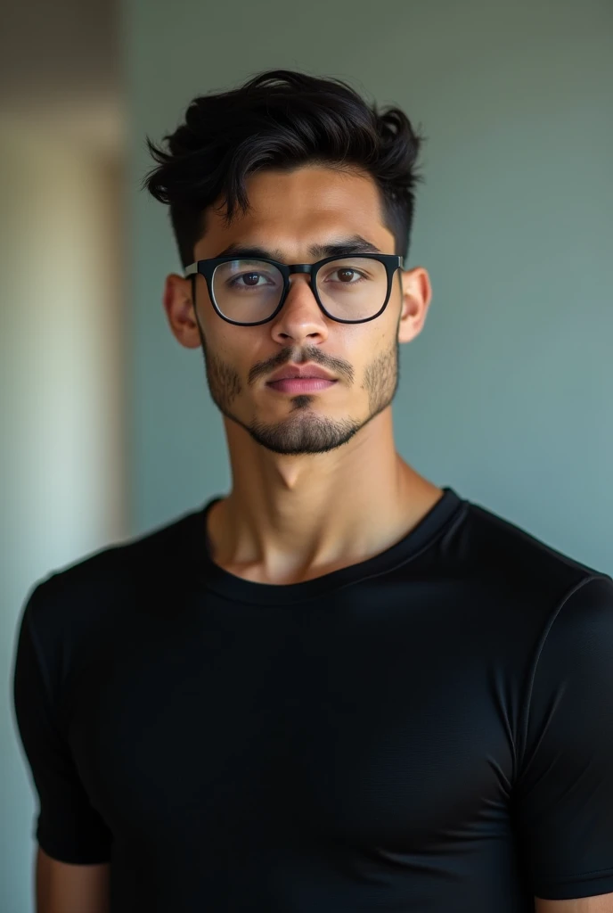 Tall 
Male
Black Hair
Brown Eyes
20 yesrs old, Wears Glasses
Sleeper Build
Great Jawline
Wearing Black Compression Shirt