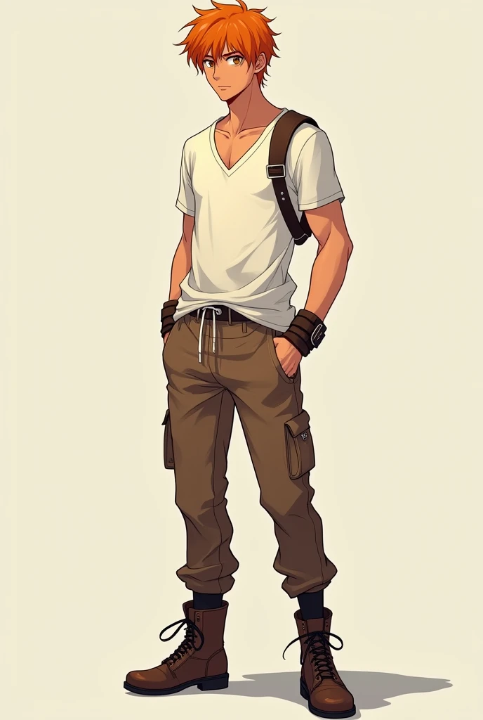  Create an image of a young man in manga traits aged s with brown skin,  orange hair , Having 1 , 70 tall wearing off-white V-neck t-shirt , Brown Thin Sport Pants, leather strap and leather boots  