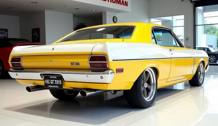 The only back view of painted with galemy diamond full white and yellow 1970 ford falcon Xb gt 351 in large shape sedan in large size with (ford) its large detailed grille in white colour with angular simple design captured from only back view with modifie...