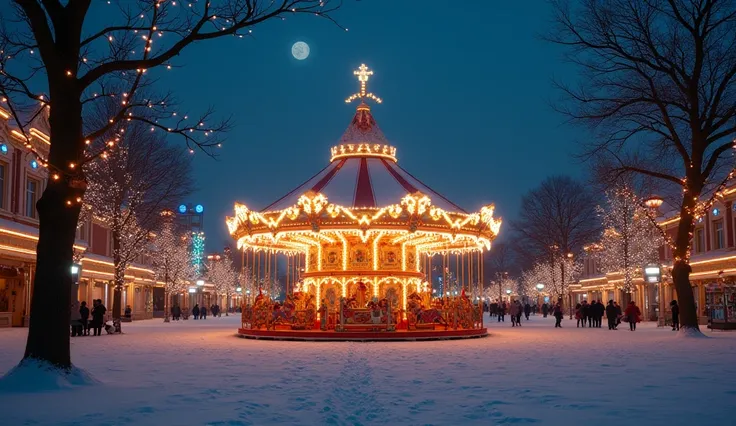  The same hyperrealistic photographic image divided into two parts, one half daytime and the other nighttime ,  with Christmas lights as protagonists with a carousel at the carousel of the fair  